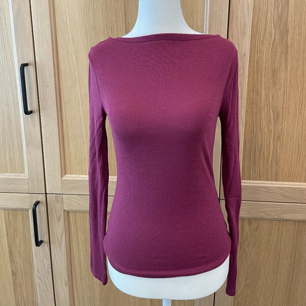 NWT J Crew Burgundy Boat Neck ribbed Long Sleeve Tee: Size S
